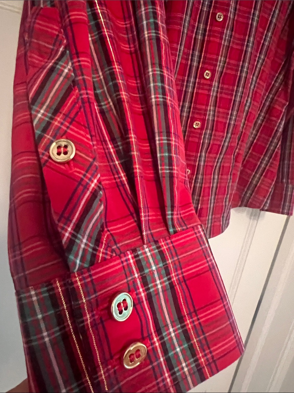 Talbots Red and Black with Gold Plaid Button-Front Shirt | Size 2 Petite - Picture 4 of 6